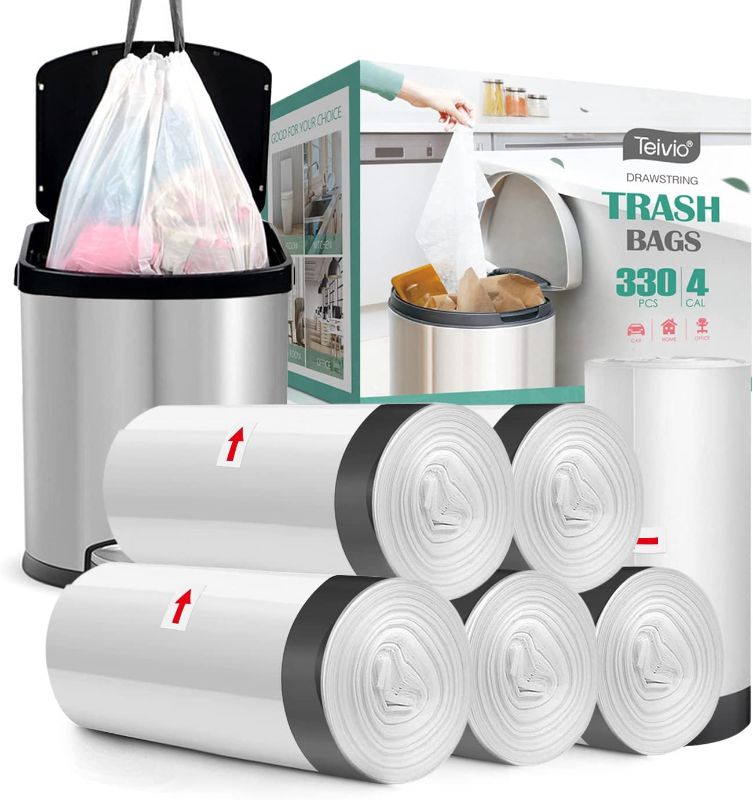 Photo 1 of 4 Gallon 330 Counts Strong DrawstringTrash Bags Garbage Bags by Teivio, Bathroom Trash Can Bin Liners, Small Plastic Bags for home office kitchen, White
