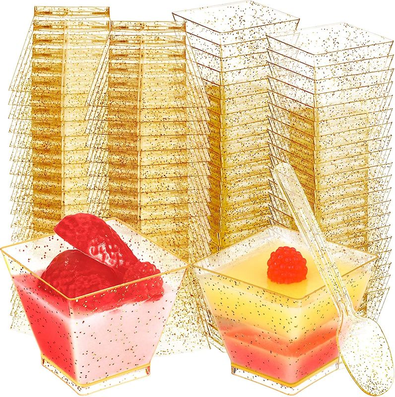 Photo 1 of 200 Pieces Mini Dessert Cups with 200 Spoons 2 oz Square Plastic Dessert Cups and Spoons Glitter Reusable Dessert Cups for Party Wedding Birthday Appetizers Supplies (Gold)
