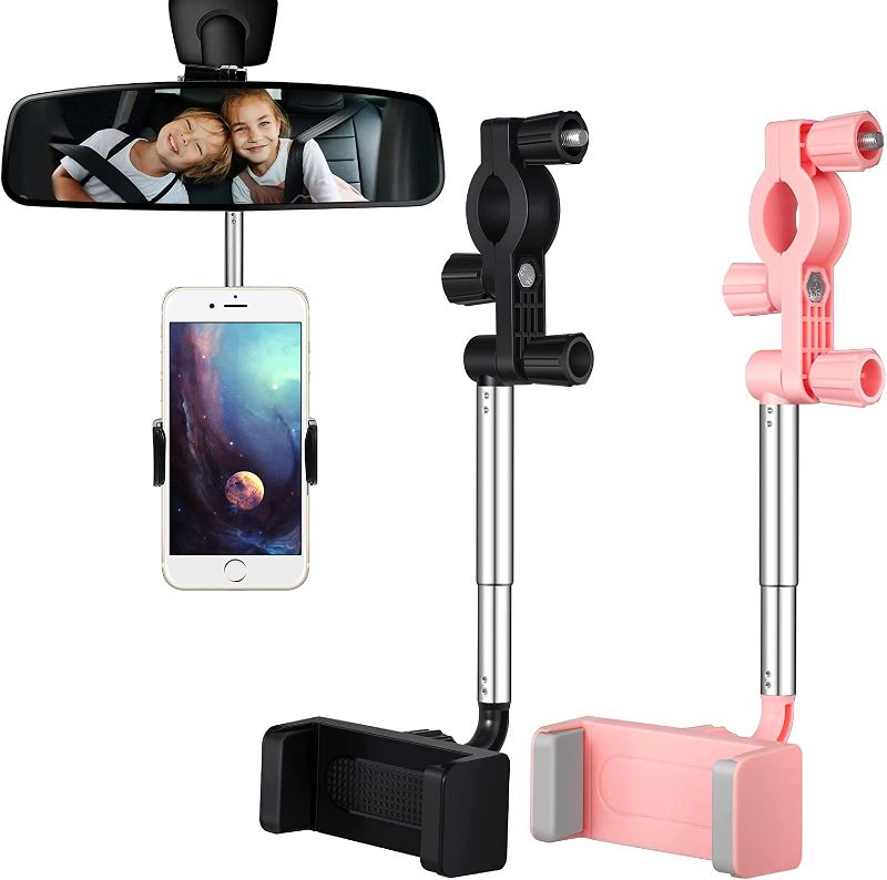 Photo 1 of 360°Rearview Mirror Phone Holder (2 Pack),Universal Car Rearview Mirror Phone Mount Stand GPS Holder, Smartphone cradle Stand and Back Seat Mobile Phone Holder for Most 4-6.1 Inch Phones (Pink, Black)
