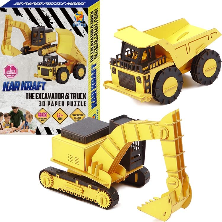 Photo 1 of CUPUZ 3D Paper Puzzle 2 Assorted Working Vehicles 3D Cardboard Model Equipment kit DIY Set for Child Educational Craft Gift for Boys-Excavator, Truck Puzzles
