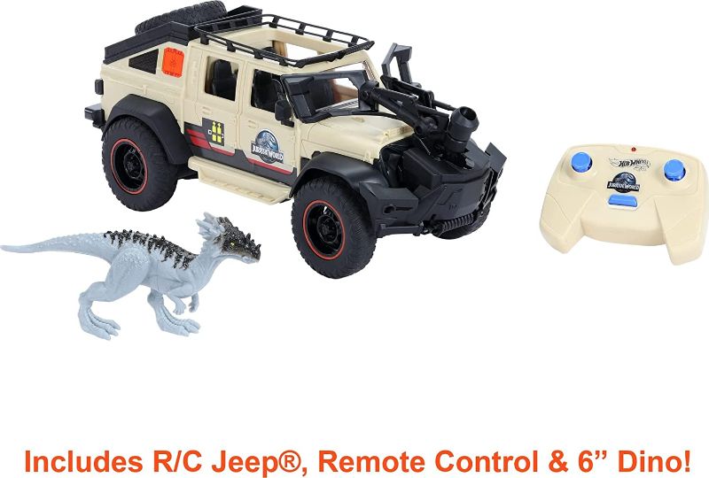 Photo 1 of ?2 Pack Bundle. Matchbox Jurassic World Dominion Jeep Gladiator R/C Vehicle with 6-inch Dracorex Dinosaur Figure, Remote-Control Car with Removable Auto-Capture Claw
