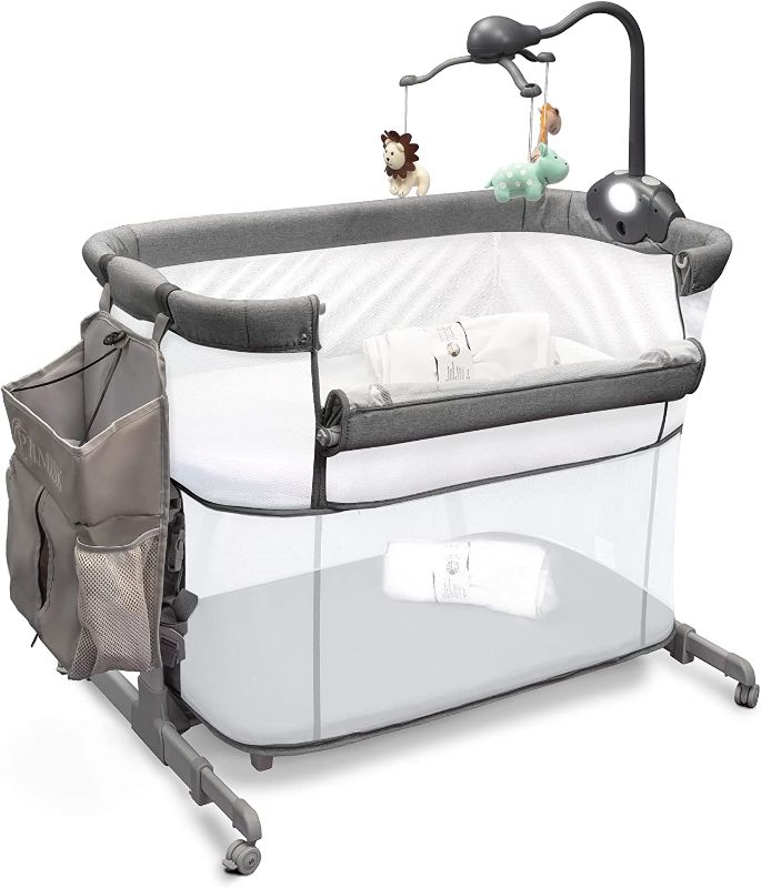 Photo 1 of 4in1 Bedside Bassinet Sleeper for Baby Girl or boy, Portable Bassinet, Baby Crib, Playpen, 4 Bassinet Mattress Sheets, All Mesh.  Box Packaging Damaged, Moderate Use, Hardware and Parts not in Original Packaging, Missing Pieces, Found Hair on Item. Minor 