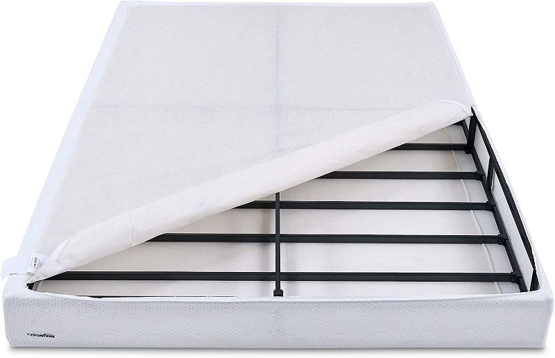 Photo 1 of Amazon Basics Smart Box Spring Bed Base, 5-Inch Mattress Foundation - Full Size, Tool-Free Easy Assembly. Box Packaging Damaged, Moderate Use, Missing Hardware and Parts, Scratches and SCuffs on Item, Selling for Parts.

