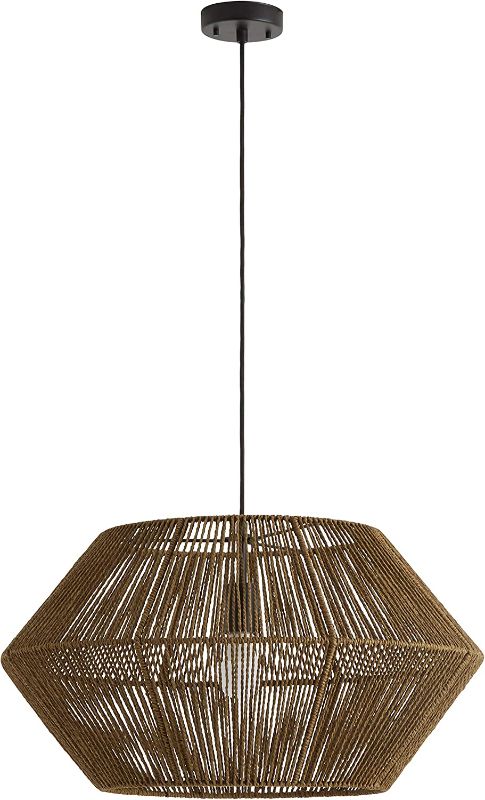 Photo 1 of Amazon Brand – Rivet Rustic Natural Material Construction Pendant Light with Bulb, 60"H, Brown. Box Packaging Badly Damaged, Item is New
