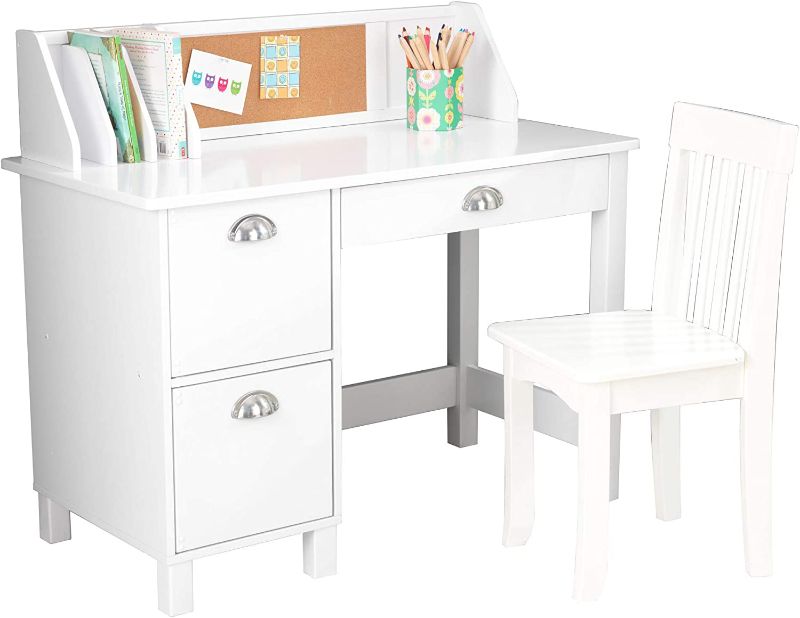 Photo 1 of KidKraft Wooden Study Desk for Children with Chair, Bulletin Board and Cabinets, White, Gift for Ages 5-10 18.38"D x 35.88"W x 34.5"H --open box, some parts used some parts new--
