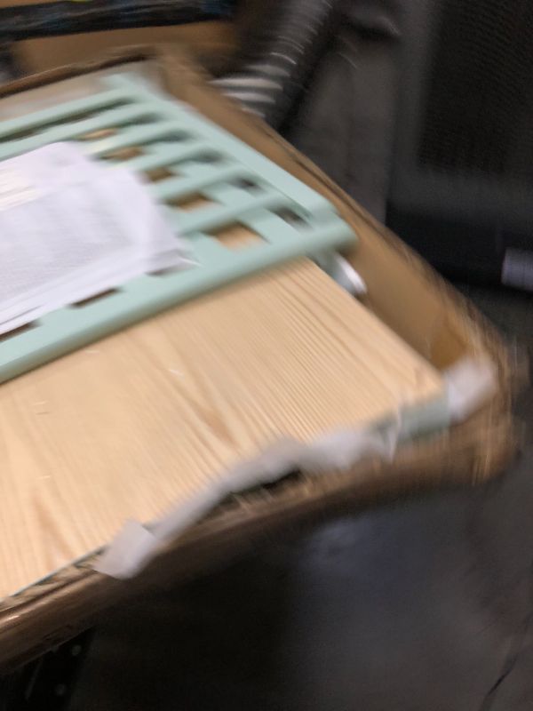 Photo 3 of Dream On Me Bellport 4 in 1 Convertible Mini/Portable Crib I Mini Baby Crib I Includes 1.5 Mattress, Light Seafoam Green. Box Packaging Badly Damaged, Heavy Use, Hardware Loose in Box, Missing Hardware, Damage to Wood as shown in Pictures. Selling for Par