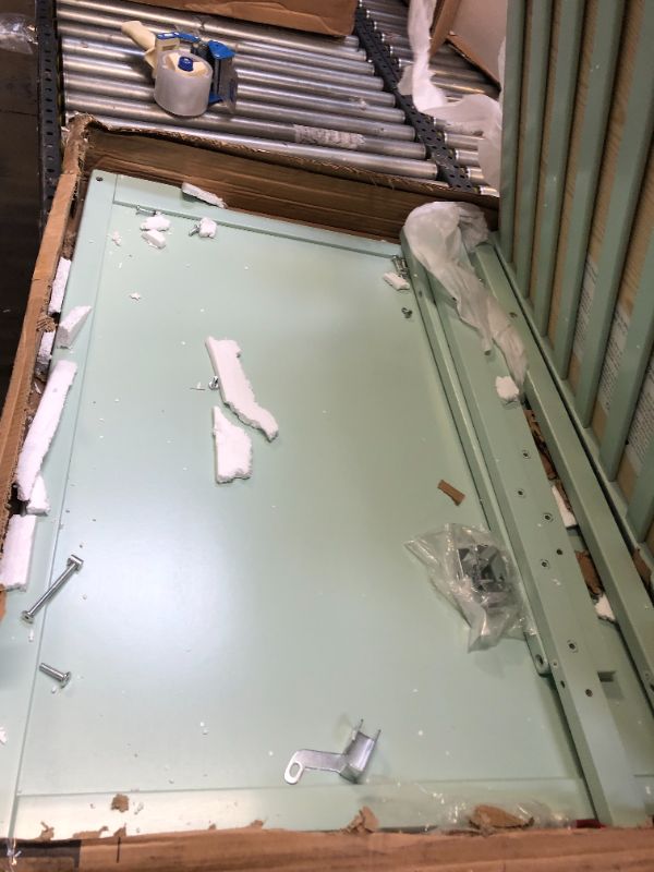 Photo 6 of Dream On Me Bellport 4 in 1 Convertible Mini/Portable Crib I Mini Baby Crib I Includes 1.5 Mattress, Light Seafoam Green. Box Packaging Badly Damaged, Heavy Use, Hardware Loose in Box, Missing Hardware, Damage to Wood as shown in Pictures. Selling for Par