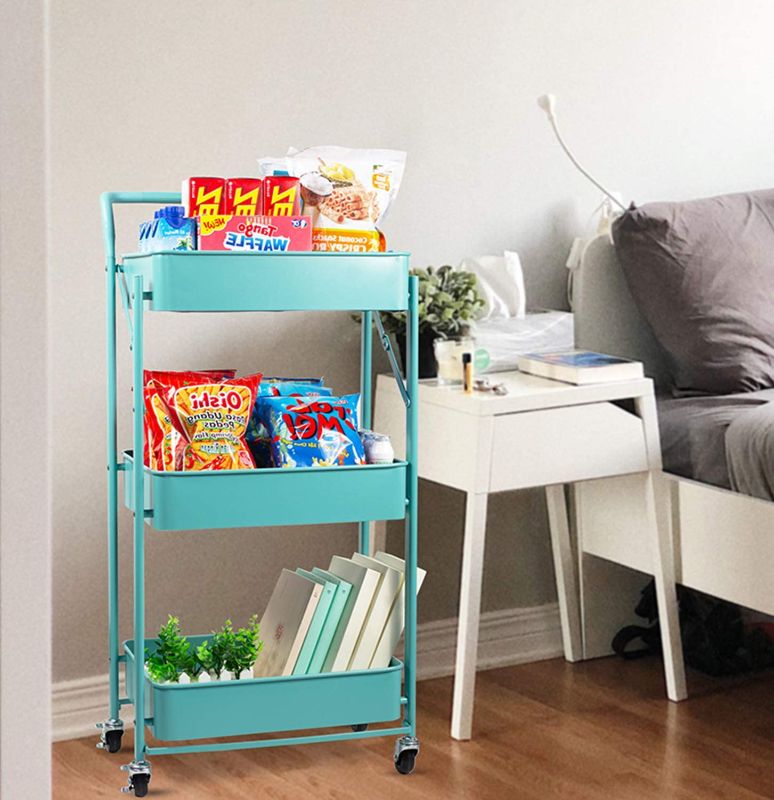 Photo 1 of 3-Tier Collapsible Rolling Utility Cart with Lockable Caster Wheels, Metal Storage Cart for Classroom, Office, Bathroom, Blue --open box--