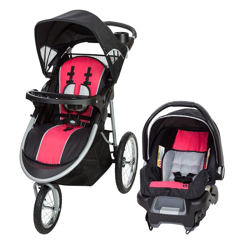 Photo 1 of Baby Trend Pathway 35 Jogger Travel System, Optic Pink. Box Packaging Damaged, Heavy use, Scrratches and Scuffs all Over item, Missing Parts. Dirty from Previous Use.
