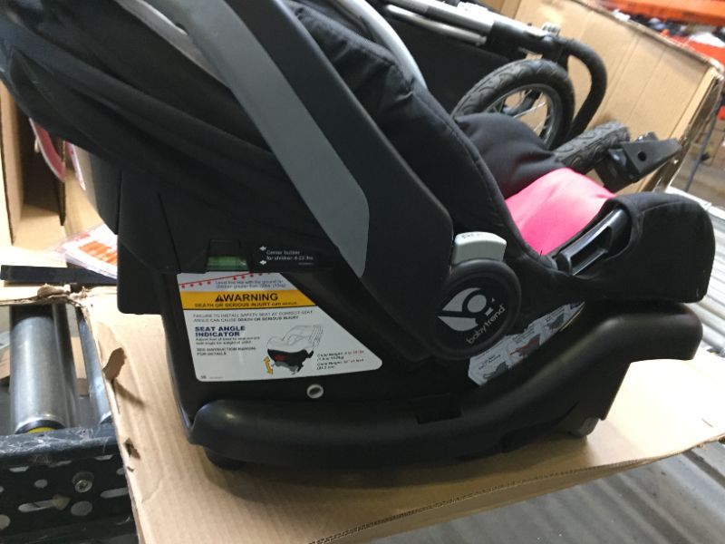 Photo 4 of Baby Trend Pathway 35 Jogger Travel System, Optic Pink. Box Packaging Damaged, Heavy use, Scrratches and Scuffs all Over item, Missing Parts. Dirty from Previous Use.
