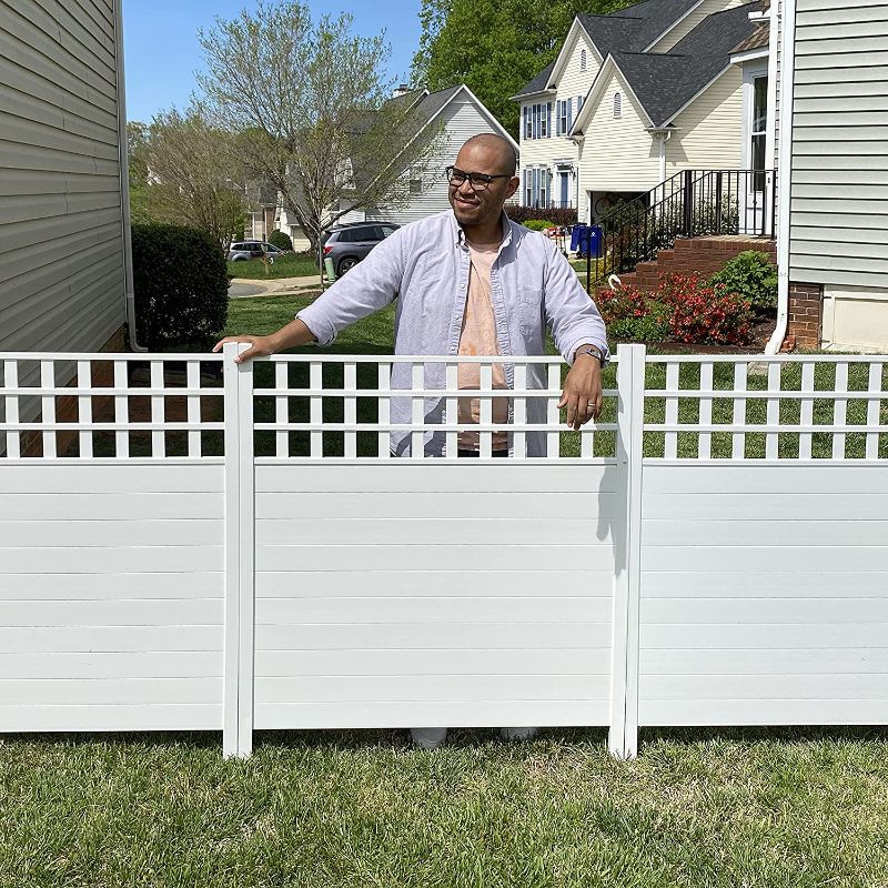 Photo 1 of Zippity Outdoor Products ZP19060 Keswick No-Dig Vinyl Kit 2-Pack (44" H x 42" W) Privacy Screen and Fence, White. Box Packaging Damaged, Minor Use, Scratches and Scuffs on item, Missing Hardware, Missing Parts. Selling for Replacement Parts.
