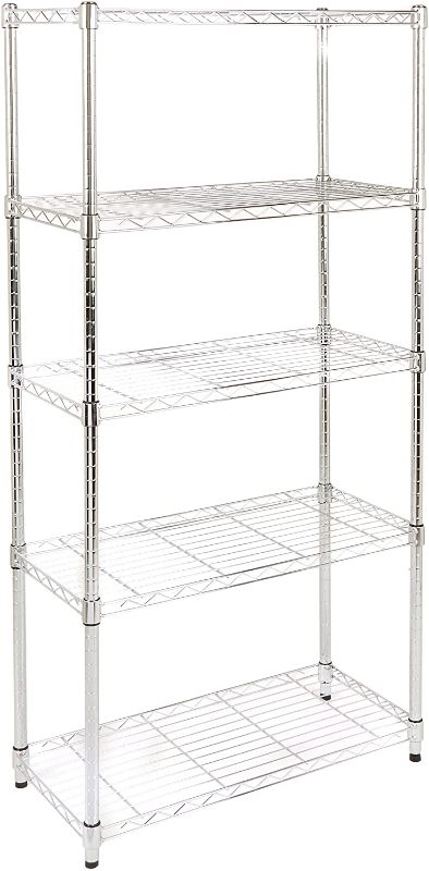 Photo 1 of Amazon Basics 5-Shelf Adjustable, Heavy Duty Storage Shelving Unit (350 lbs loading capacity per shelf), Steel Organizer Wire Rack, Chrome (36L x 14W x 72H) Box Packaging Damaged, Item is New, Item is Badly Damaged, Dents on Metal Tier as Shown in Picture