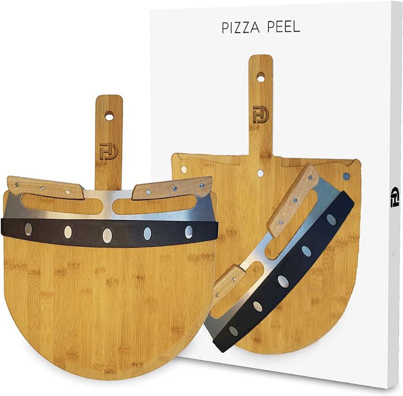 Photo 1 of  Premium Natural Bamboo pizza peel with Magnetic Cutter Set, Elegant wooden pizza paddle / Spatula / Board, Size 13.7 X 12.8 inch, Easy Cut & Storage Pizza knife. Box Packaging Damaged, Item is New, Item is Sealed
