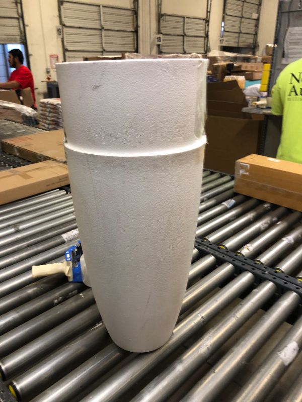 Photo 1 of 2 PACK - 6 Gallon White Vase Planter. Moderate Use, Scratches and Scuffs on item. No Box Packaging. Tape on Item. 
