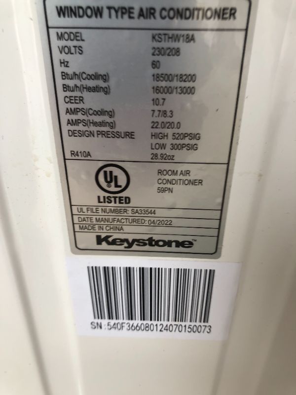 Photo 8 of  KEYSTONE 18,000 BTU 230V Window Air Conditioner | 16,000 BTU Supplemental Heating | Sleep Mode | Remote Control | 24H Timer | AC for Rooms up to 1000 Sq. Ft. | KSTHW18A. No Box Packaging. Heavy Use, Dirt on item, Dents, Scratches and Scuffs all over item