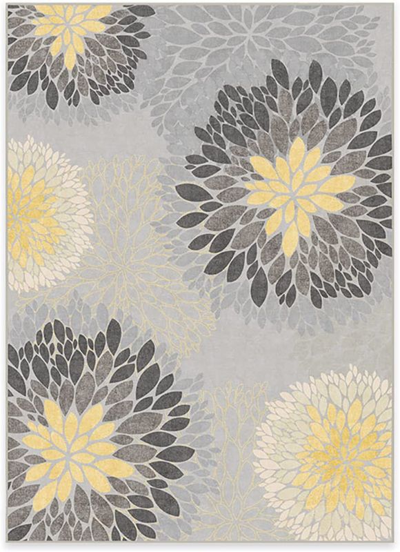 Photo 1 of Ruggable – Floral Medallion Yellow Grey – Machine Washable Area Rug – Pet & Child Friendly – Stain & Water Resistant – Non-Slip – 5'x7'. No Box Packaging, Moderate Use, Hair Found on Item, Minor Fraying on Edges. 
