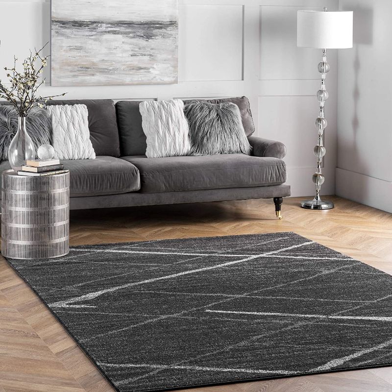 Photo 1 of  nuLOOM Thigpen Contemporary Stripes Dark Gray 6 ft. Square Rug. Moderate Use, Hair Found on Item, Fraying on Edges. Creases and Wrinkles on item. 
