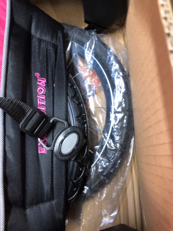 Photo 15 of Baby Trend Expedition Jogger Stroller, Bubble Gum. Box Packaging Damaged, Heavy Use, Scratches and Scuffs on Plastic, Found Rip in Fabric, Found Hair on item, Wear on wheels. Missing small hardware for Wheels.
