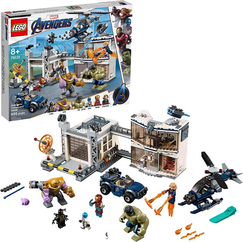 Photo 1 of LEGO Marvel Avengers Compound Battle 76131 Building Set Includes Toy Car, Helicopter, and Popular Avengers Characters Iron Man, Thanos and More (699 Pieces) - Missing Pieces, Remaining Bags Are Sealed. Box Packaging Damaged.
