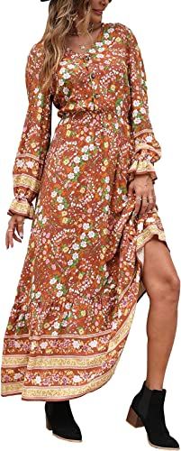 Photo 1 of PRETTYGARDEN Long Sleeve Maxi Dress for Women - V Neck Casual Button Down Boho Floral Print Fall Long Dresses
