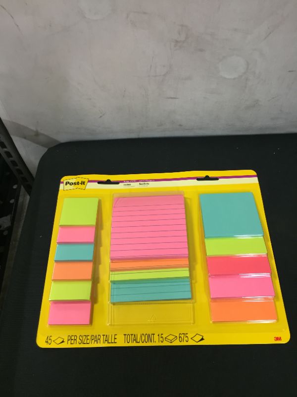 Photo 1 of Post-it Super Sticky Notes, Assorted Sizes, 15 Pads, 2x the Sticking Power, Miami Collection, Neon Colors (Orange, Pink, Blue, Green), Recyclable (4423-15SSMIA)
