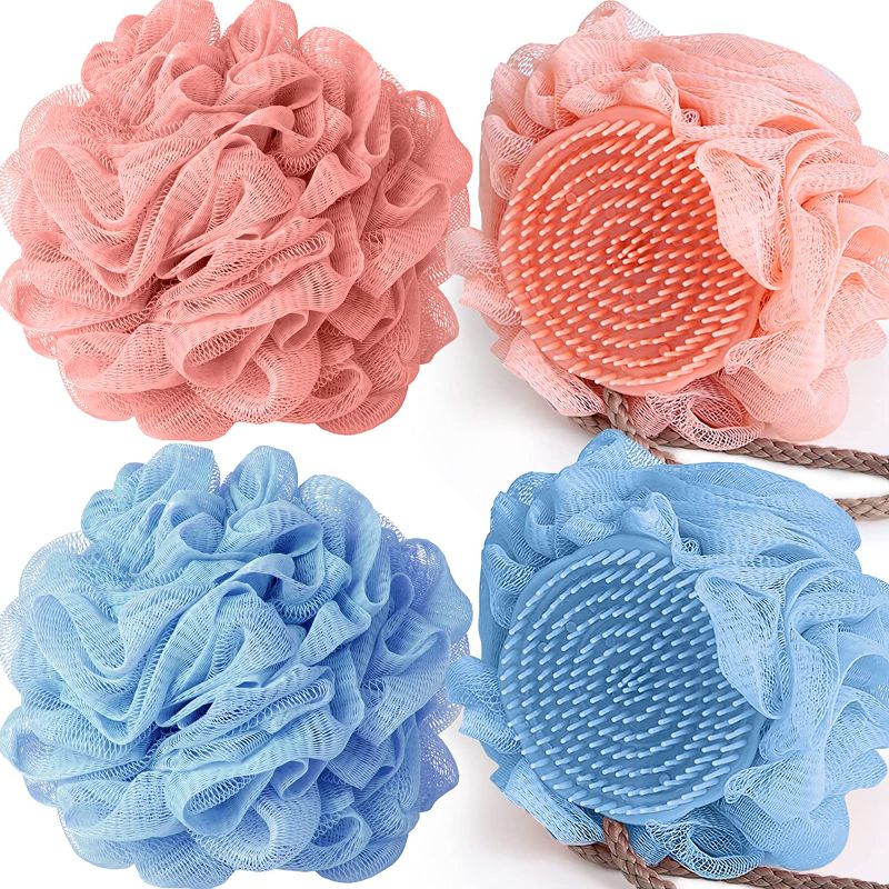 Photo 1 of 4 PCS Silicone Body Scrubber with Flower Bath Ball 2 in 1 Bath Scrubber Exfoliating Silicone Shower Brush with Mesh Shower Pouf for Gentle Massage and Fine Cleansing
