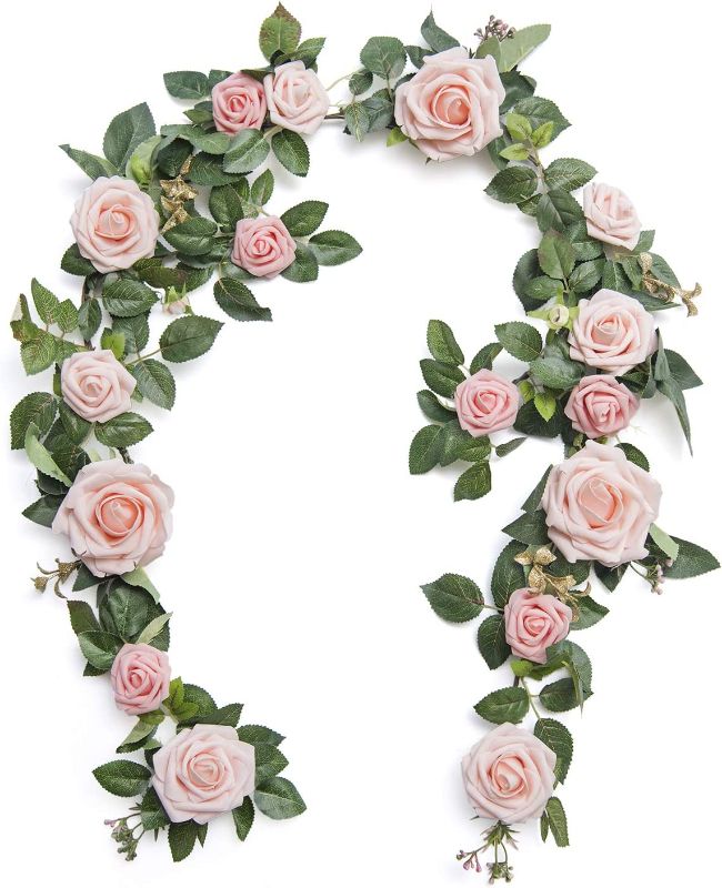 Photo 1 of Ling's Moment Artificial Rose Flower Runner Rustic Flower Garland Floral Arrangements Wedding Ceremony Backdrop Arch Flowers Table Centerpieces Decorations (5FT Long, Blush Pink Roses)
