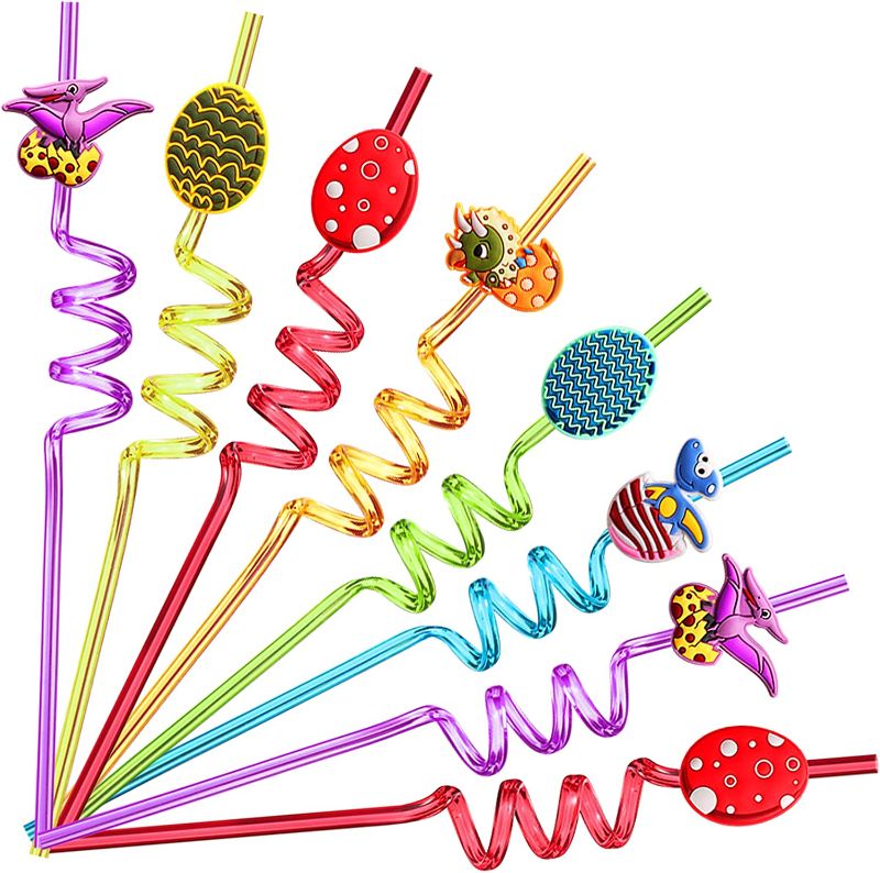 Photo 1 of 24 Easter Egg Plastic Straws Dinosaur Design for Kids Easter Party Supplies Favors with 2 Cleaning Brushes
