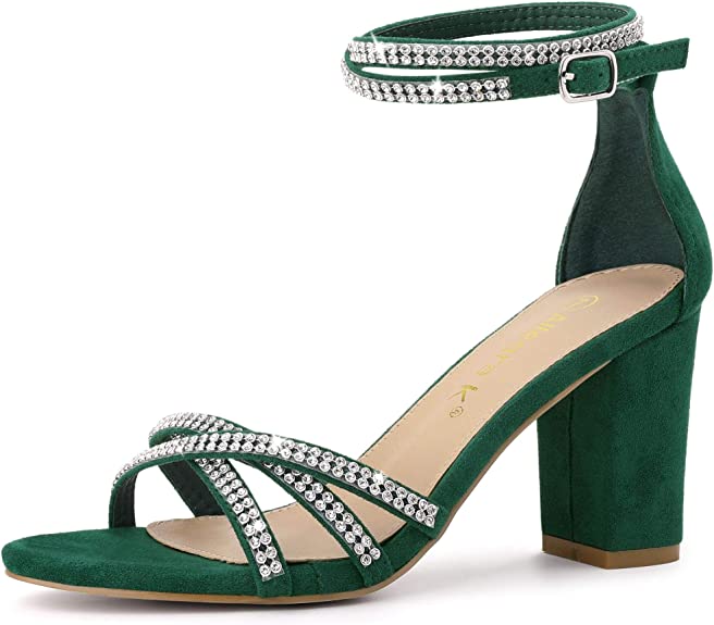 Photo 1 of Allegra K Women's Rhinestones Strappy Chunky Heel Sandals, Green, 8