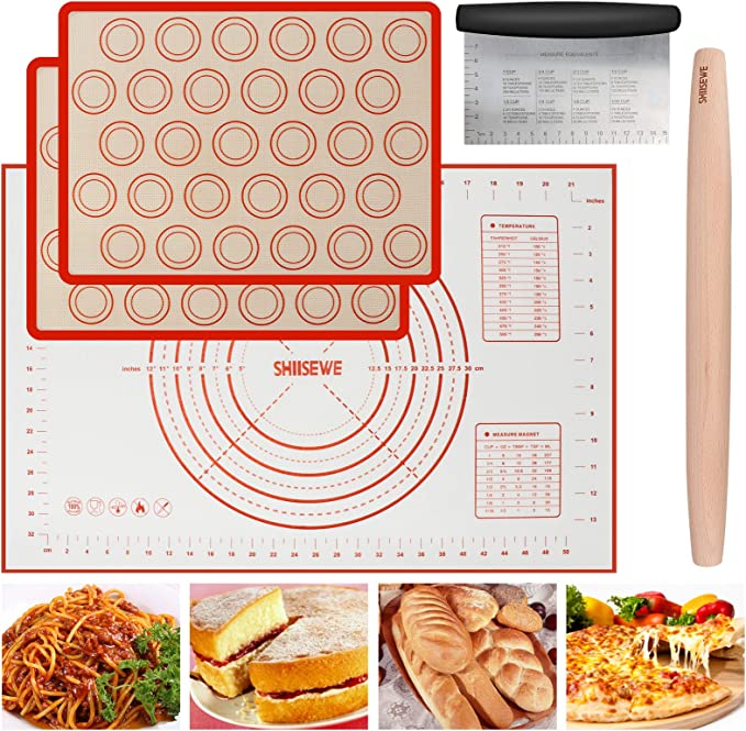 Photo 1 of 5-piece set 24 x 16 inch baking tools Silicone Pastry Mat Non Stick Fondant Mat, Counter Mat, Dough Rolling Mat, Oven Liner?1 measuring pad + 2 baking pads + 1 scraper + 1 rolling pin.?
