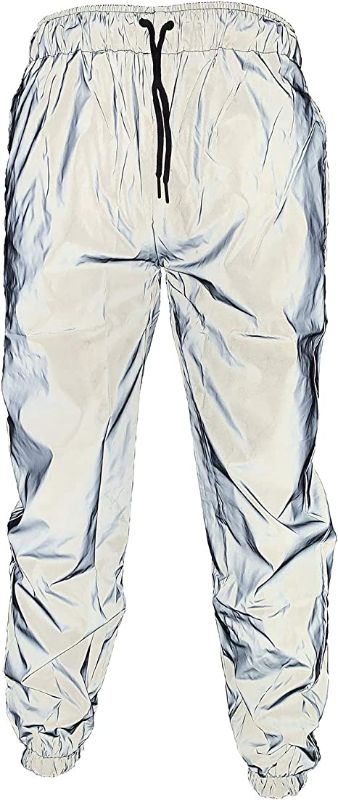 Photo 1 of Reflective Pants Men Brand Hip Hop Dance Fluorescent Trousers Casual Harajuku Night Sporting Jogger Pants Gray 2XL (RUNS SMALL)