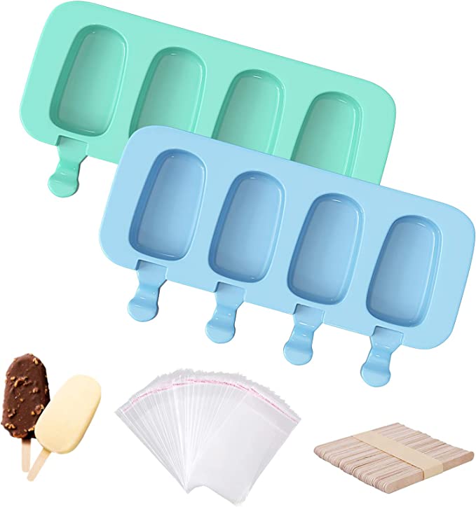 Photo 1 of Acerich Popsicle Molds, 2 Pack Ice Pop Molds Silicone 4 Cavities Cake Pop Mold Oval with 50 Wooden Sticks & 50 Parcel Bags for DIY Ice Cream - Green + Blue
