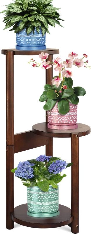 Photo 1 of 3 Tier Plant Stand, Mid Century Wood Plant Stand Tall 30inch with Three Shelfs Holder Indoor and Outdoor (Pot & Plant Not Included) (Dark Brown)
