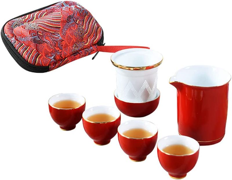 Photo 1 of 100% Handmade Ceramic Tea Cup Portable Chinese Kungfu Tea Pot Set Artwork for Travel Gift with Filter (Red)
