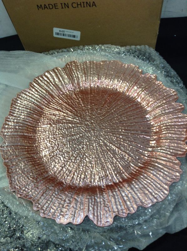 Photo 3 of 13" Round Plastic Charge plate with Flora Reef Design (6, Rose Gold)
