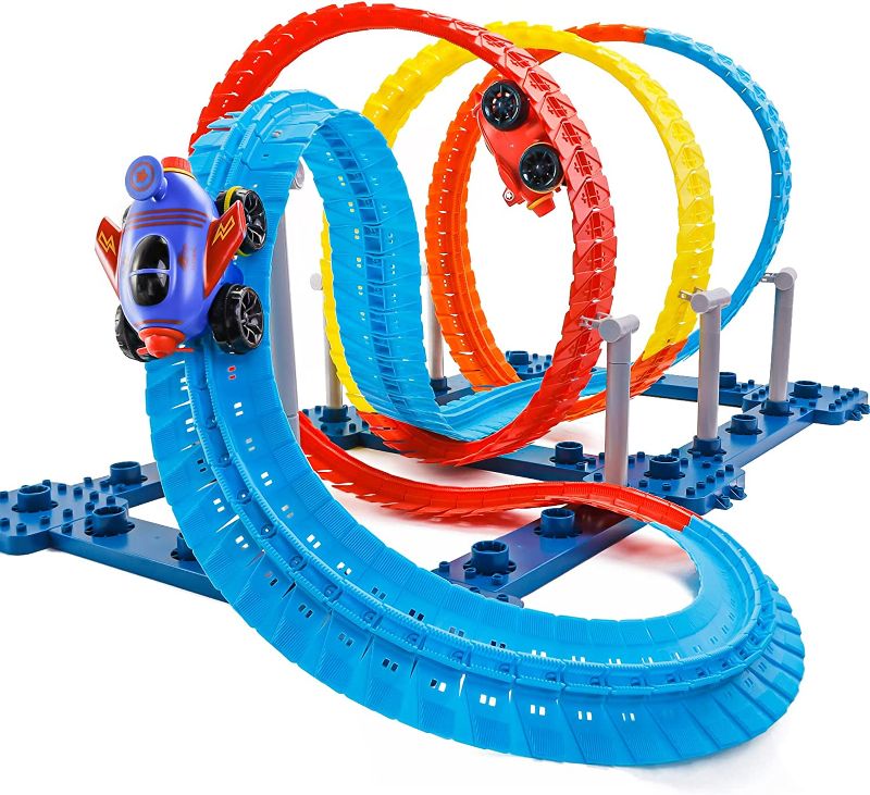 Photo 1 of Race Track Car Set Toys - Flexible Car Set Train Track Playset Magic Racing Car with LED Light Bendable Racetrack 200PCS DIY Stem Toy Cars for Kids Boy & Girl Adults Gifts
