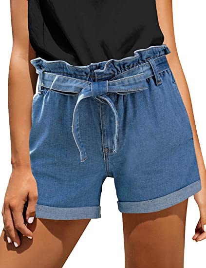 Photo 1 of luvamia Women's Casual High Waisted Rolled Denim Shorts Bowknot Waist Jean Shorts, Deep Cobalt Blue, Medium