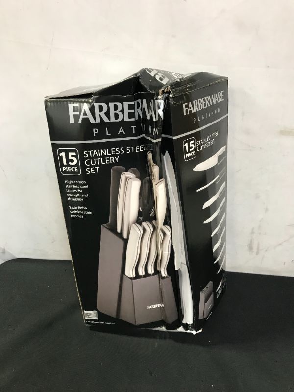 Photo 2 of Farberware Stamped 15-Piece High-Carbon Stainless Steel Knife Block Set, Steak Knives, Black

DAMAGE TO PACKAGING, NO DAMAGE TO ITEM