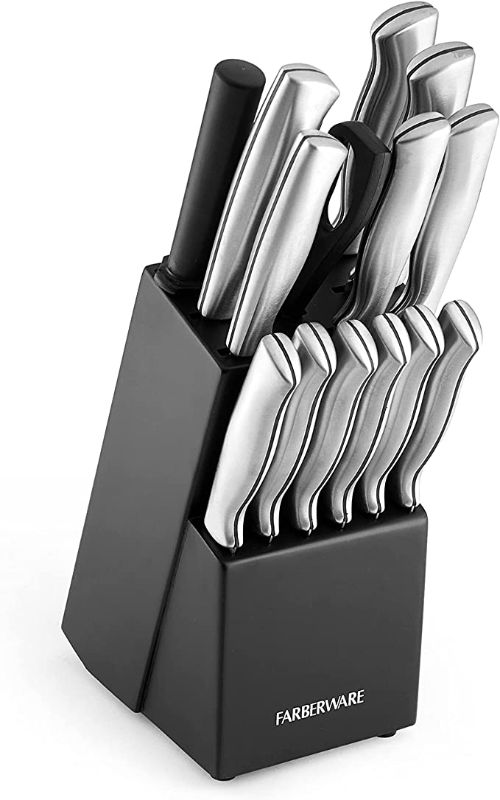 Photo 1 of Farberware Stamped 15-Piece High-Carbon Stainless Steel Knife Block Set, Steak Knives, Black

DAMAGE TO PACKAGING, NO DAMAGE TO ITEM