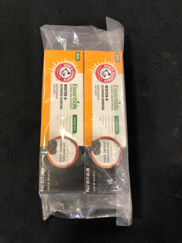 Photo 2 of Arm & Hammer Essentials FluorideFree Toothpaste Whiten + Activated Charcoal Pack of 2 - 4.3oz Tubes Clean 100 Natural Baking Soda, Mint
 Exp Date 10/2023 