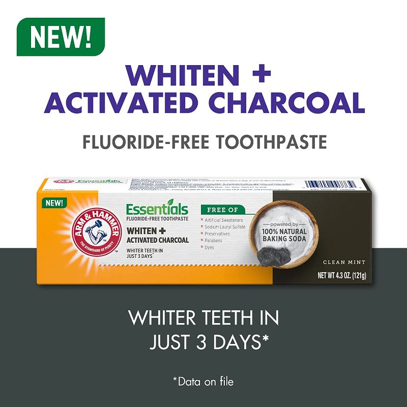 Photo 1 of Arm & Hammer Essentials FluorideFree Toothpaste Whiten + Activated Charcoal Pack of 2 - 4.3oz Tubes Clean 100 Natural Baking Soda, Mint
 Exp Date 10/2023 