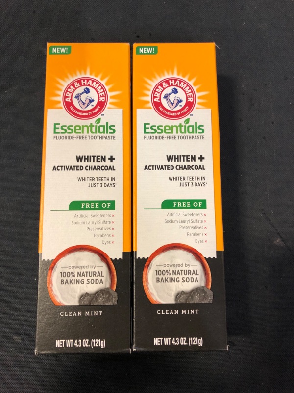 Photo 3 of Arm & Hammer Essentials FluorideFree Toothpaste Whiten + Activated Charcoal Pack of 2 - 4.3oz Tubes Clean 100 Natural Baking Soda, Mint
 Exp Date 10/2023 