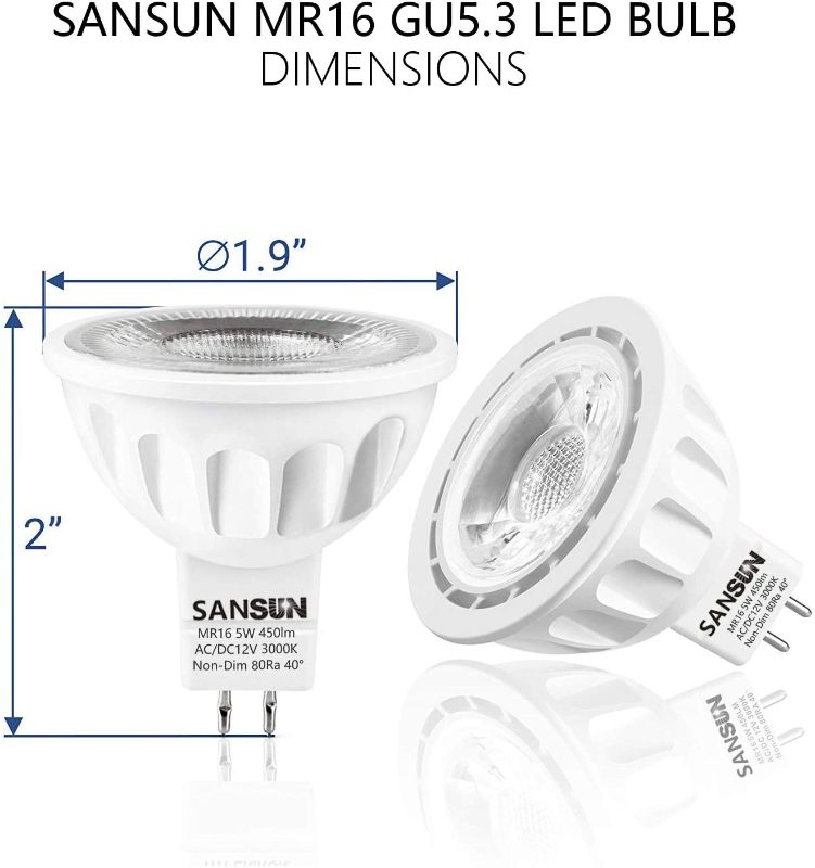 Photo 1 of 5W MR16 LED Bulbs, 12v 50w Halogen Replacement, GU5.3 Bi-Pin Base, Soft White 3000K, Non-Dimmable, (Pack of 2)