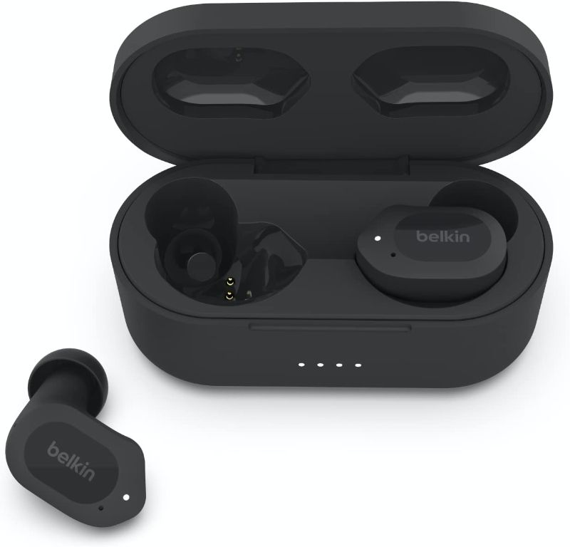 Photo 1 of Belkin Wireless Earbuds, SoundForm Play True Wireless Earphones with USB C Quick Charge, IPX5 Sweat and Water Resistant, 38 Hour Play Time for iPhone, Galaxy, Pixel and More - Black
