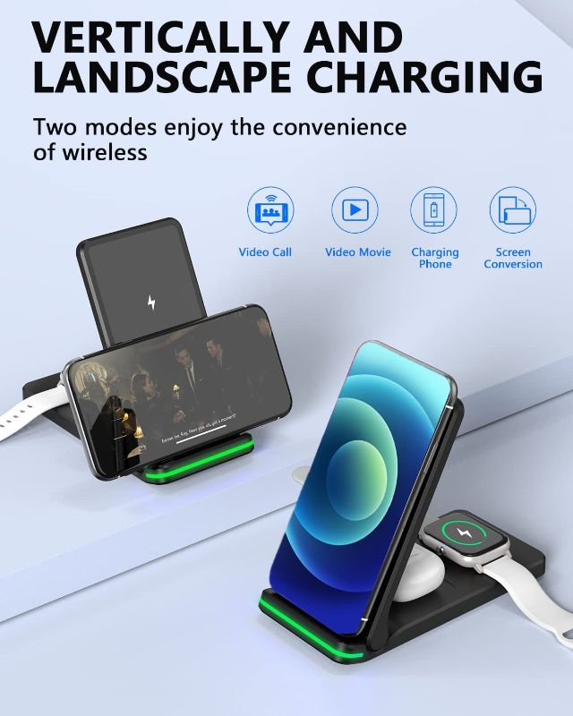 Photo 1 of Foldable Wireless Charging Stand, Uineer 3-in-1 Wireless Charger Dock Station for Multiple Devices Portable 15W Fast Wireless Charging Pad for Phones Watch Earphone