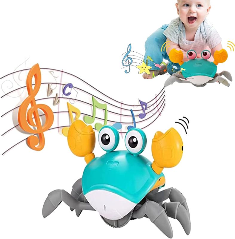 Photo 1 of Baby Crawling Crab Baby Toy, Sensor Obstacle Avoidance Function Electronic Pet Crab Crawling Toys, Build in USB Rechargeable, Baby Toy with Music and LED Light Up Dancing Crab Toy (Blue)
