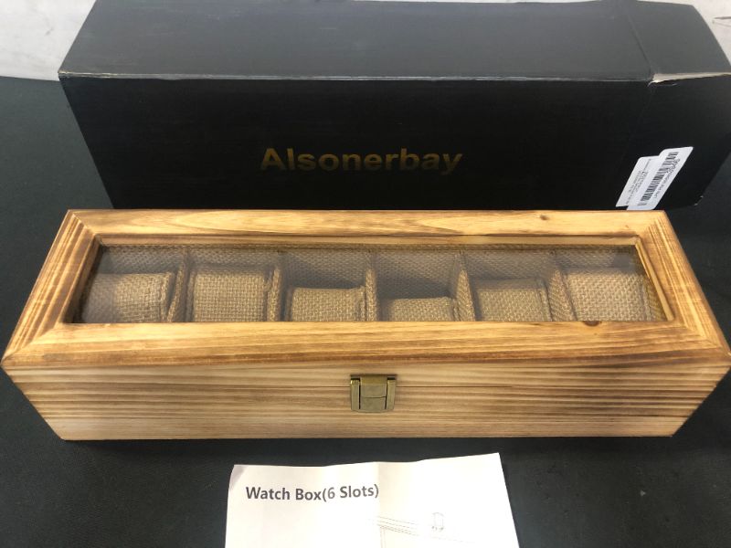 Photo 3 of Alsonerbay Watch Box Organizer for Man Women, 6 Slot Watch Case for Watches Display and Storage, Lockable Wooden Watch Holder with Glass Lid and Removable Pillow (Carbonized Black)
