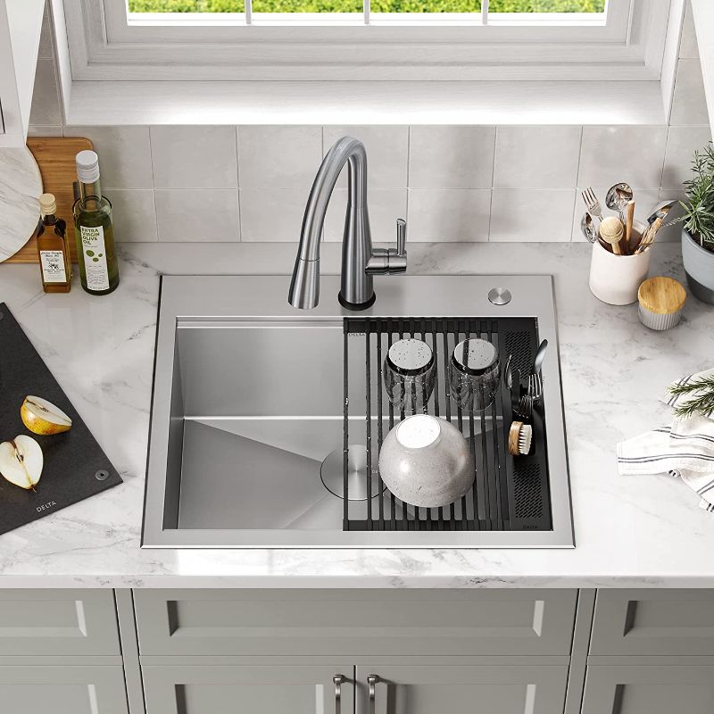 Photo 1 of DELTA Rivet 25-Inch Workstation Kitchen Sink Drop-In Top Mount 16 Gauge Stainless Steel Single Bowl with WorkFlow Ledge and Chef’s Kit of 5 Accessories, 95A931-25S-SS
