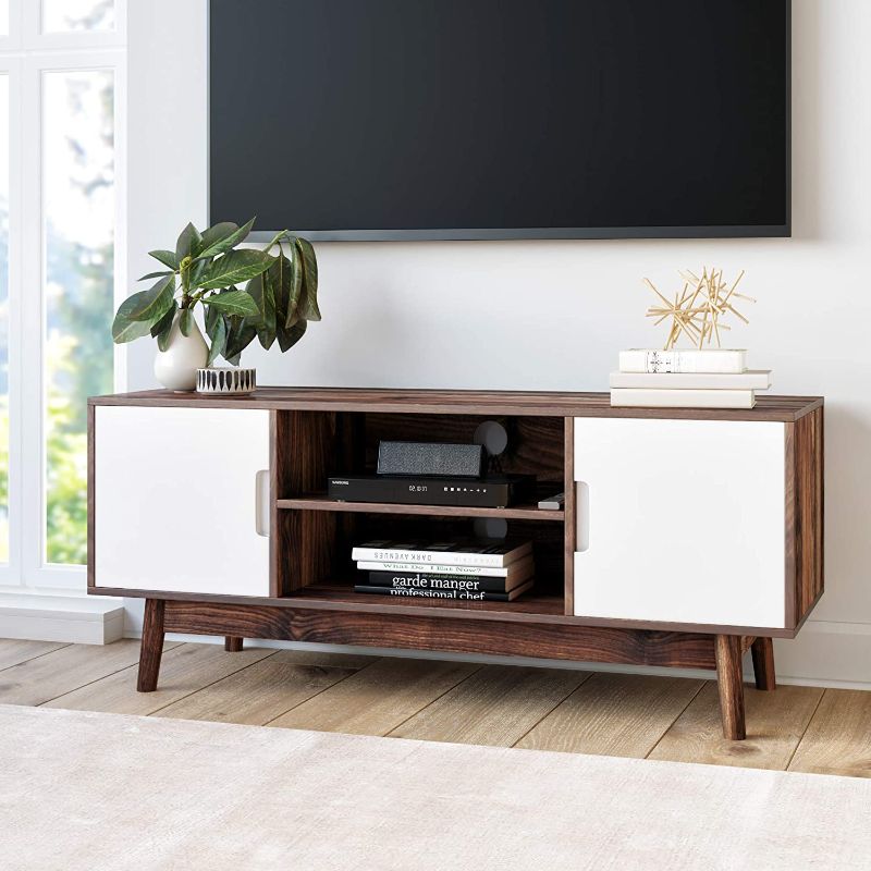 Photo 1 of Nathan James Wesley Scandinavian TV Stand Media, Entertainment Center with Cabinet Doors, Console Table with Storage for Living Room, Brown/White
