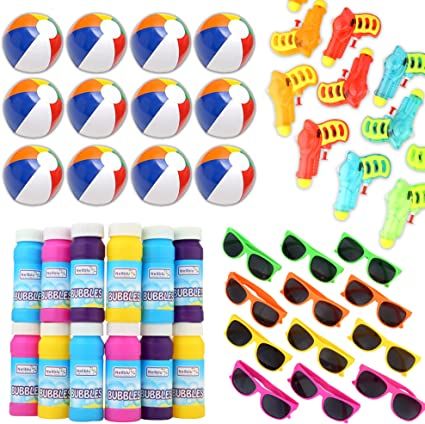 Photo 1 of Mega Pool Party and Beach Party Favors - Summer Fun Toy Mega Assortment Bulk Pack of 48 Kids Toys Includes - Kids Sunglasses Party Favors, Inflatable Beach Balls, Water Gun Squirts and Bubbles
